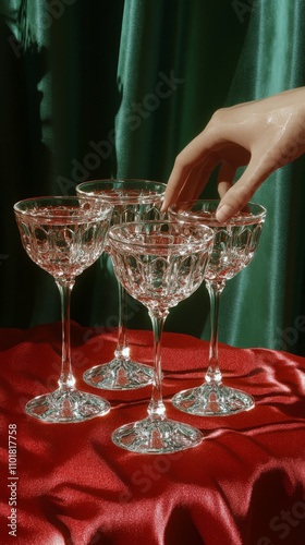 Elegant hand reaching for sparkling crystal glasses on a red tablecloth