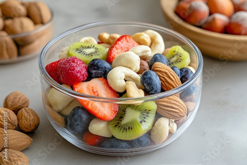 Colorful fruit and nut mix served in glass bowl with other nuts on the table