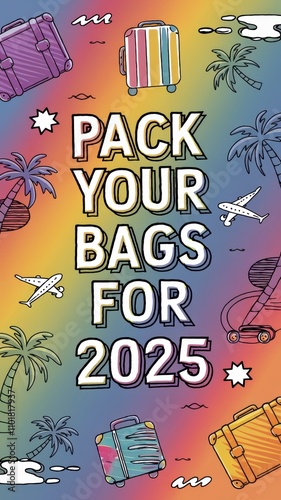 Exciting travel plans await with colorful designs and a call to action for 2025 adventures