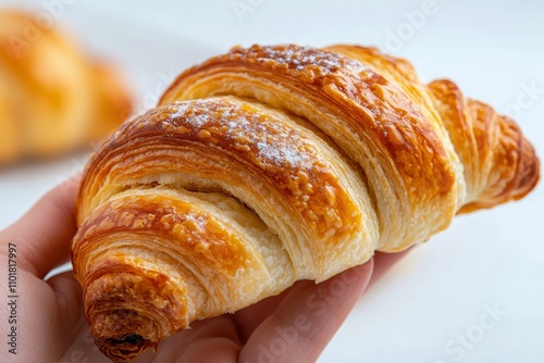 Delicious chocolate croissant in hand showing flaky pastry and rich filling a...