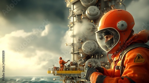 Wallpaper Mural Offshore engineers in protective gear surveying intricate machinery and industrial structures on an oil rig platform towering against a dramatic sky backdrop in a harsh oceanic environment Torontodigital.ca