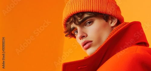 A male model wearing an orange beanie hat and red coat, posing against a vibrant background.