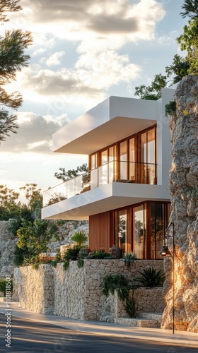 Modern cliffside house overlooking the ocean with lush greenery during the day