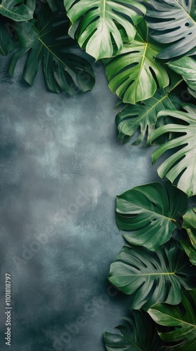 Lush green monstera leaves contrasting with textured gray background for deco...