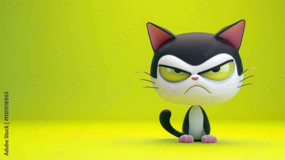 This 3D rendered cartoon cat displays an angry expression with narrowed eyes and a frown. The bright green background enhances the humor and character of the image, making it ideal for playful or This 3D rendered cartoon cat displays an angry expression with narrowed eyes and a frown. The bright green background enhances the humor and character of the image, making it ideal for playful or