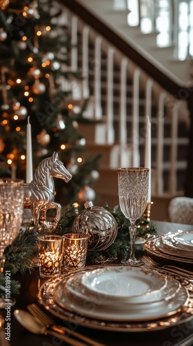 Elegant holiday dining setup with silver horse decor and twinkling lights in ...