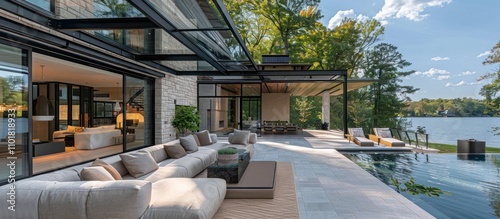 Luxurious modern lakeside home with expansive glass walls outdoor patio and infinity pool surrounded by lush natural scenery and tranquil lake views