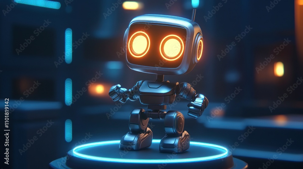 A small futuristic robot stands on a glowing platform A small futuristic robot stands on a glowing platform