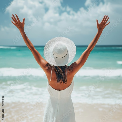 Woman enjoying a peaceful moment on the beach with arms raised under a sunlit...