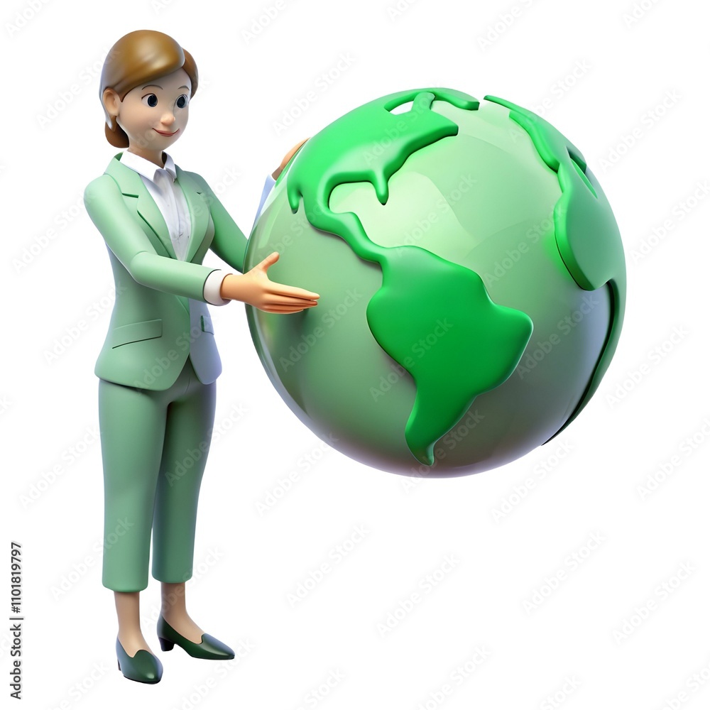 Businesswoman Interacting with Holographic Green Globe - Abstract Image for Global Sustainability Initiatives in Business Businesswoman Interacting with Holographic Green Globe - Abstract Image for Global Sustainability Initiatives in Business