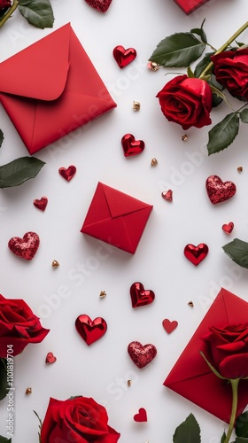 Celebration of love with red roses, hearts, and gifts on a white background