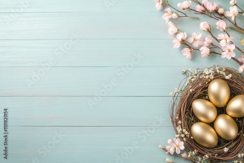 Golden eggs in a nest surrounded by cherry blossom branches on a light blue b...