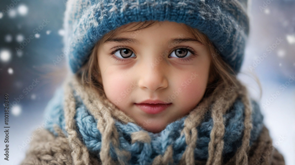 Portrait of cute little girl in woolen hat and wrapped in woolen scarf outside on the cold snowy winter day Portrait of cute little girl in woolen hat and wrapped in woolen scarf outside on the cold snowy winter day