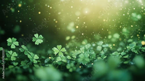 Vibrant green clovers floating in a dreamy atmosphere during springtime