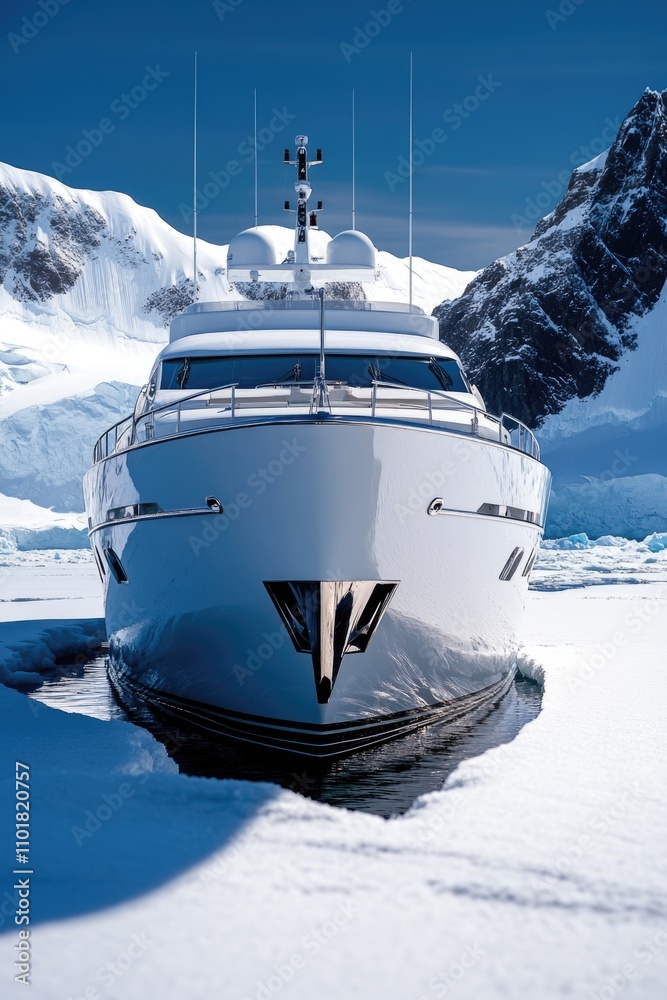 Obraz premium A big white boat sits peacefully on the surface of a lake or ocean, perfect for use in travel, adventure, or relaxation-themed projects