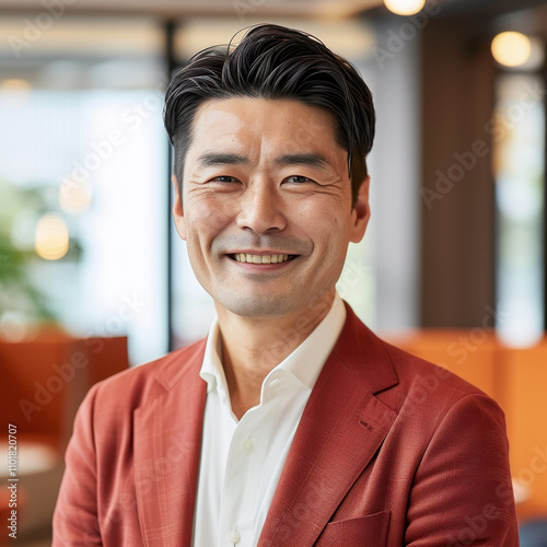 Confident Japanese businessman smiling in corporate office setting