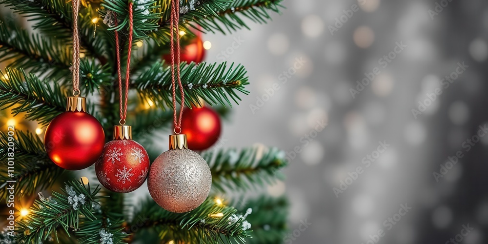 A festive Christmas background featuring a beautifully decorated fir tree, traditional, ornaments A festive Christmas background featuring a beautifully decorated fir tree, traditional, ornaments