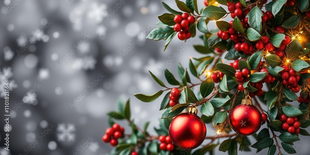 A festive Christmas background with bright ornaments, string lights, and a snowflake garland, gold, celebration A festive Christmas background with bright ornaments, string lights, and a snowflake garland, gold, celebration