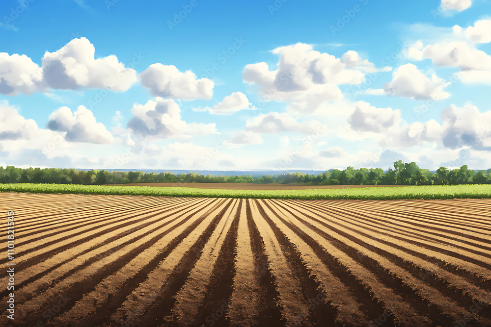 A serene landscape featuring plowed fields under a blue sky with fluffy clouds. A serene landscape featuring plowed fields under a blue sky with fluffy clouds.