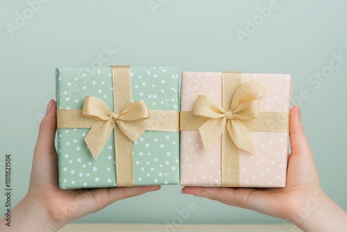 Gift exchange taking place with beautifully wrapped presents in soft colors h...