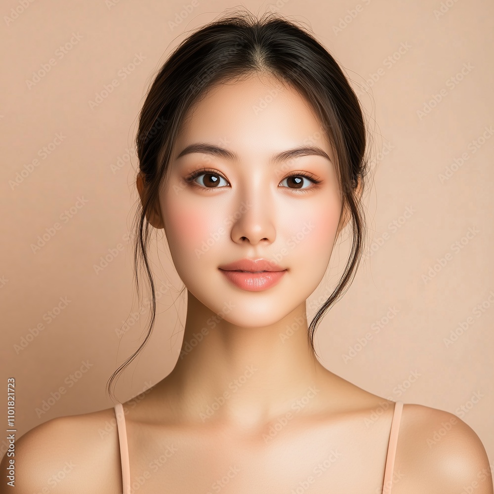 Naklejka premium A young woman with flawless skin, posing in front of a beige background for a product advertisement