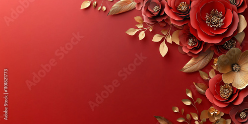 Luxurious red and gold floral arrangement perfect for weddings or celebrations, featuring intricate paper flowers and room for text overlay.