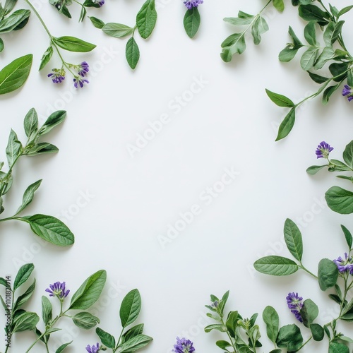 Leafy arrangement with purple flowers creating a natural frame on a white bac...