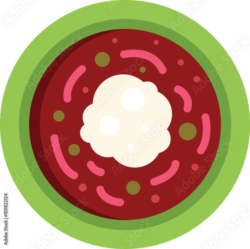 This vector illustration shows a bowl of delicious ukrainian borscht soup with sour cream, ready to be eaten