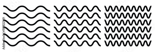 Set of wavy horizontal lines. Wave line set. Zigzag. Vector black underlines, smooth end squiggly horizontal curvy squiggles