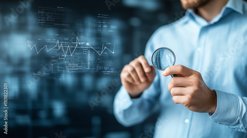 Work Safety and Compliance Concept. Businessman holding magnifying glass with icons work safety, compliance, risk management, and operational efficiency, emphasizing importance of safety standards