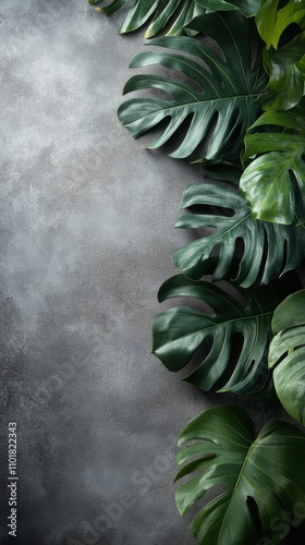 Lush green monstera leaves contrasting with textured gray background for deco...