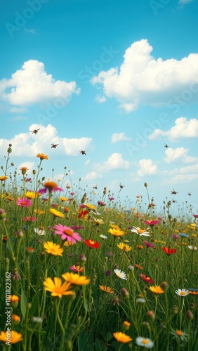 A peaceful meadow filled with wildflowers and buzzing bees, wildflowers, nature, bees, vibrant photo