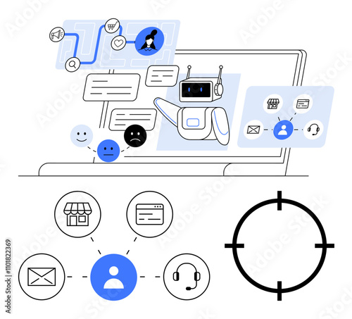 AI chatbot with laptop, dialogue boxes, customer icons, feedback emotions, messaging symbols, and target icon. Ideal for customer service, AI integration, user experience online support virtual