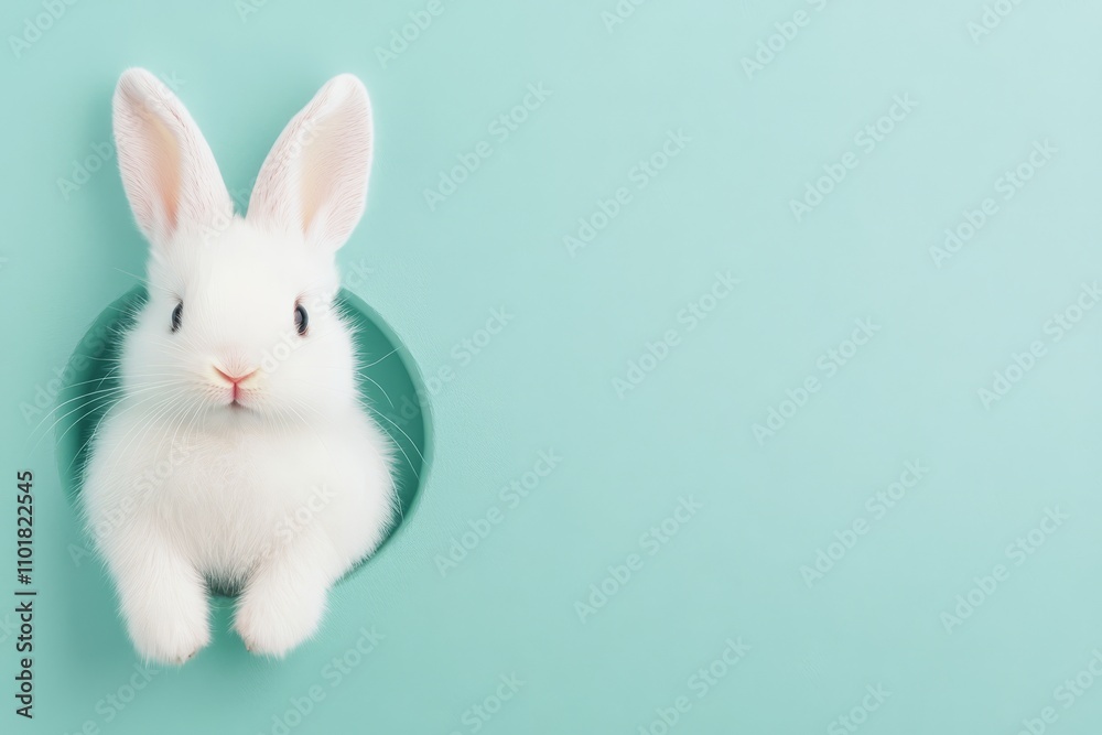 White rabbit peeking from a hole in a mint green background during daylight hours White rabbit peeking from a hole in a mint green background during daylight hours