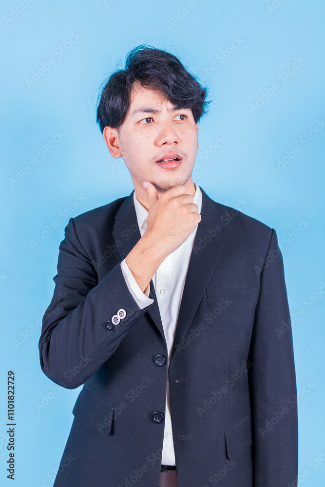 Portrait handsome young asian man thinking on blue background Portrait handsome young asian man thinking on blue background