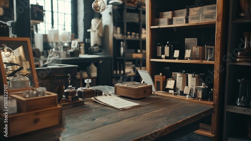 Vintage store interior with wooden shelves and packaging