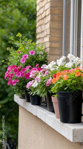 Colorful flowers adorn a window sill in a peaceful urban setting during the d...