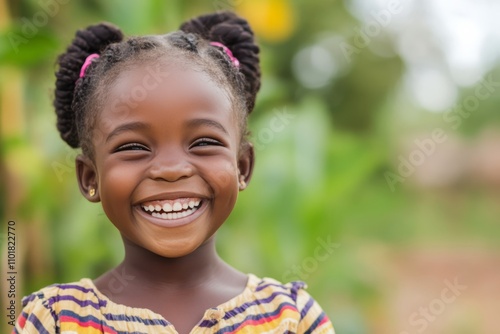 Young girl with braids smiling joyfully in a bright outdoor setting during da...