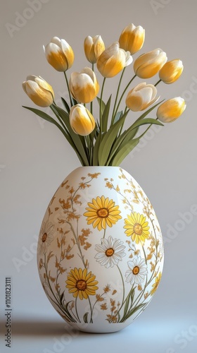 Decorative vase with yellow and white tulips against a neutral background
