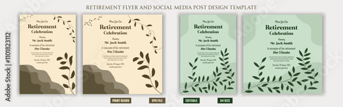 Retirement flyer. retirement poster. retirement banner. celebration flyer. boho. bohemian. vintage. free. editable. festive. happy retirement party flyer. clean. leaves. graphical elements print ready