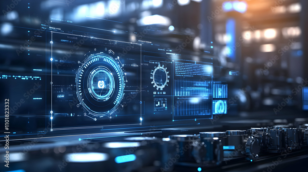 Futuristic Digital Interface, Advanced Technology Display with Glowing Blue HUD and Complex Data Visualization on Industrial Machinery Futuristic Digital Interface, Advanced Technology Display with Glowing Blue HUD and Complex Data Visualization on Industrial Machinery