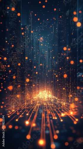 Cityscape of neon lights with glowing particles in a digital universe at night