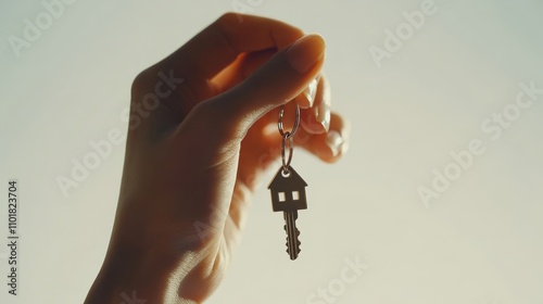 Hand holding keychain shaped like a house with neutral background for real es...