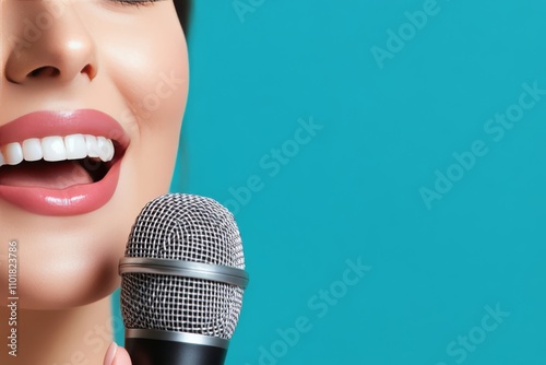 Singers performing on stage with microphones during a lively evening event