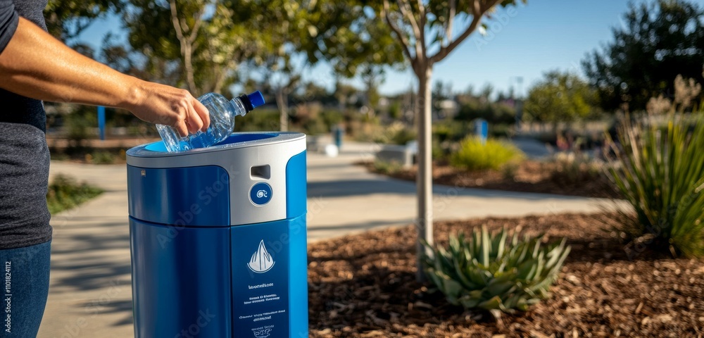Reusable water bottle being filled at a public water refill station Reusable water bottle being filled at a public water refill station