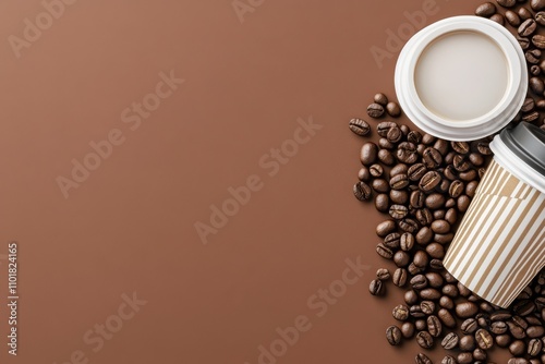 Coffee cup and scattered beans on a plain background create a warm aesthetic