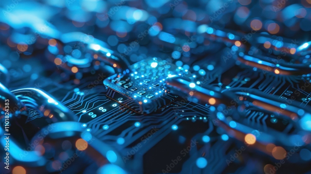 Fototapeta premium A close-up of interconnected chains and a circuit board, symbolizing blockchain technology.