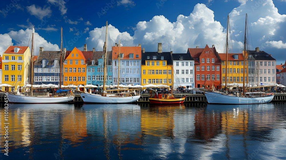 Fototapeta premium Colorful Nyhavn Waterfront, Boats Moored Beside Vibrant Buildings Under a Sunny Sky