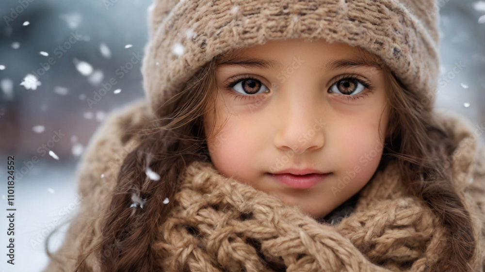 Portrait of cute little girl in woolen hat and wrapped in woolen scarf outside on the cold snowy winter day Portrait of cute little girl in woolen hat and wrapped in woolen scarf outside on the cold snowy winter day