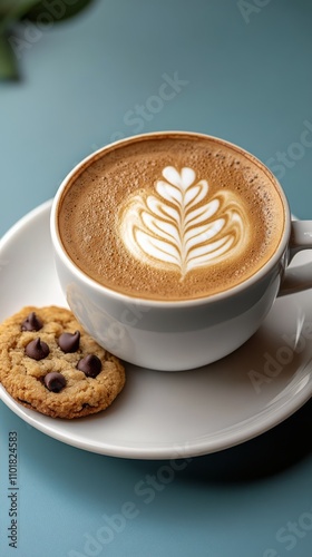 Warm cup of latte art beside a freshly baked chocolate chip cookie on a blue ...